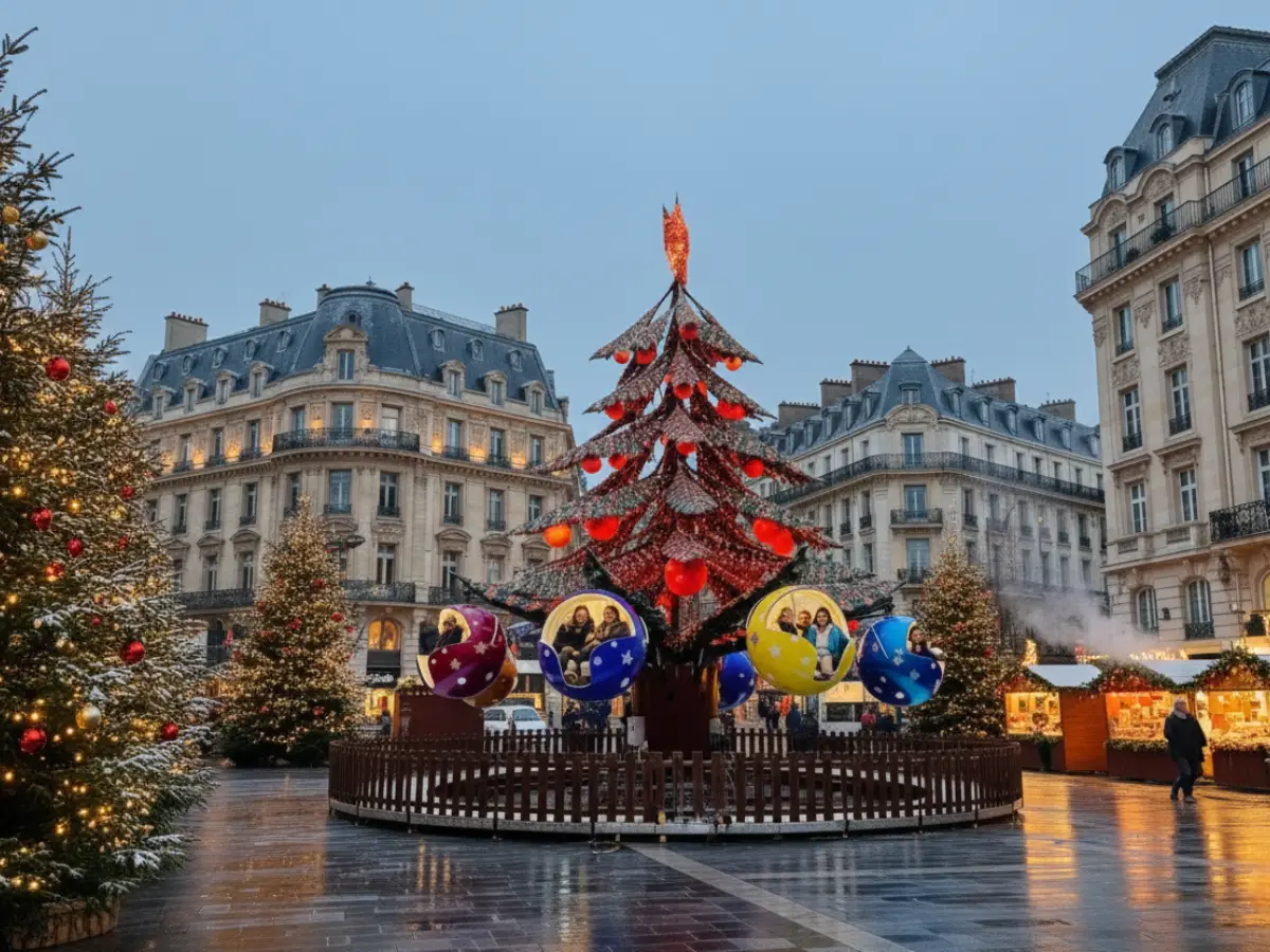 El carrusel Abeto Mágico iluminado de noche en una plaza europea rodeada de edificios clásicos, con luces navideñas y público paseando.